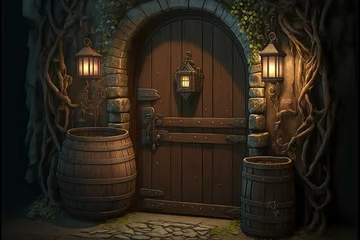 Fotobehang Old Wooden Door with Barrels and Lanterns Exterior of Tavern Medieval Fantasy RPG [Generative AI] © Visionarily