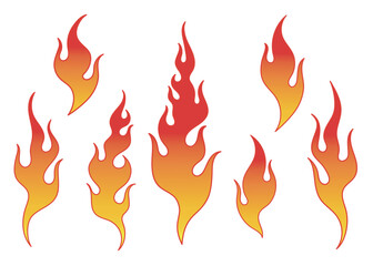 Set of burning fire flame and hot blazing bonfire,  vector illustration 
