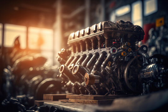 close up of an automobile engine being repaired in a garage with a background of soft light. Generative AI