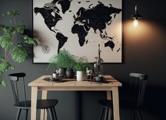 Interior of a modern, stylish dining area featuring a mock up map in black, a wooden table and chair, a teapot and glasses, a plant, and fine accents. able can be used. Template. Generative AI