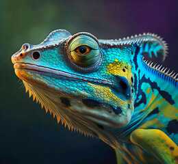 
Chameleon. Lizard. Small scaly sauropsid reptile (Squamata) Animal that changes color. Bright, vivid color image. Diffuse and colorful background. Isolated. Generative AI. 