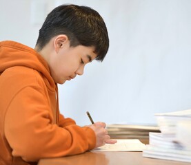 参考書と問題集の勉強に集中する小学5年生