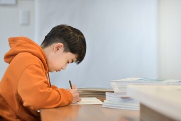 参考書と問題集の勉強に集中する小学5年生