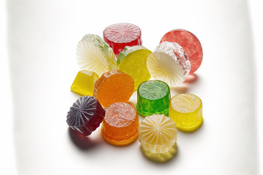 Fruit hard candy in many colors, isolated on white. Generative AI