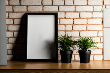 an example of a two picture frame that is empty. mockup against a brick wall on a wooden shelf. a little plant ornament. Mock up of an interior design for your product. including the clipping path