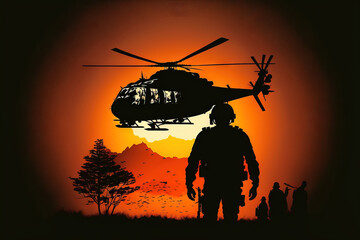 Fototapeta na wymiar During dawn, military commando helicopter dumps. Generative AI