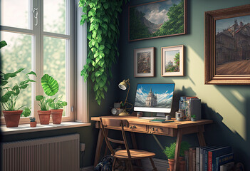 a cozy home office complete with a laptop, books, a picture frame, and a plant. Generative AI