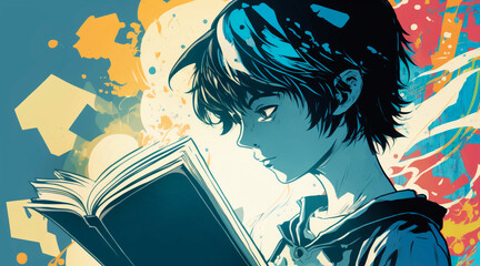 Naklejka premium Illustration of happy boy reading a book. Japanese anime or manga style illustration of a teenager reading a novel. Drawing with lights and shadows. Handsome guy. Generative ai.