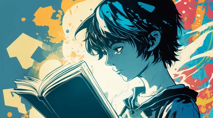 Fotobehang Illustration of happy boy reading a book. Japanese anime or manga style illustration of a teenager reading a novel. Drawing with lights and shadows. Handsome guy. Generative ai. © Acento Creativo