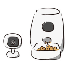 ペット用の自動給餌器と遠隔操作できる見守り用ペットカメラのイラストセット