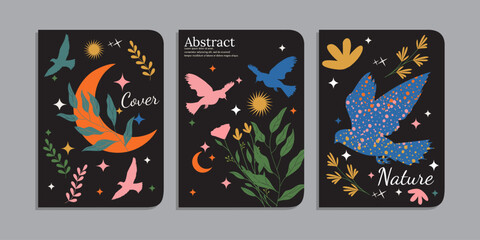Set of abstract mystic style covers with birds, flowers, moon, sun, sparkle, leaves, floral elements. cover bohemian celestial style