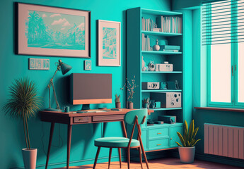 Cyan living room interior with desk and rack. Generative AI