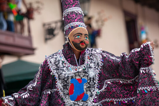 Carnival of Cajamarca, parade of multicolored and traditional costumes. Cajamarca, Peru.