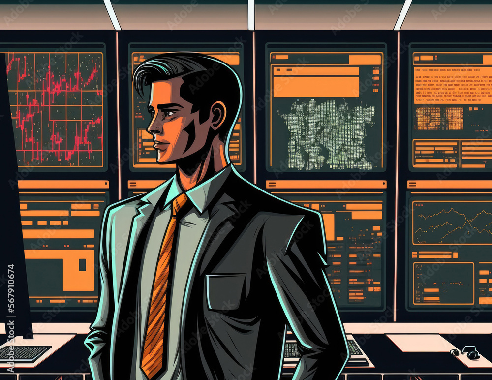 Poster businessman using modern computer screen interface in background of server room. generative ai