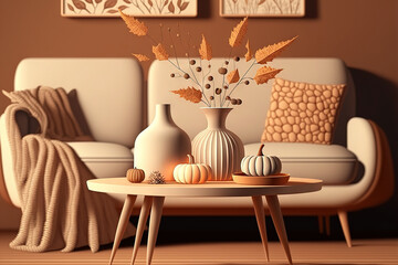 Close up of a vintage living room in beige and white. Rattan table and sofa decorated for the fall. vase with nuts and dried leaves. Fall interior design with a boho chic theme. Generative AI