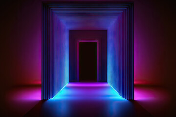 a tunnel or hallway, a blue, pink, or violet neon abstract background, illuminating panels, a fashion podium, or stage decorations for a performance. Generative AI