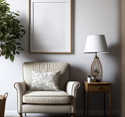 Cozy interior of room with armchair and family tree photo frame. Generative AI