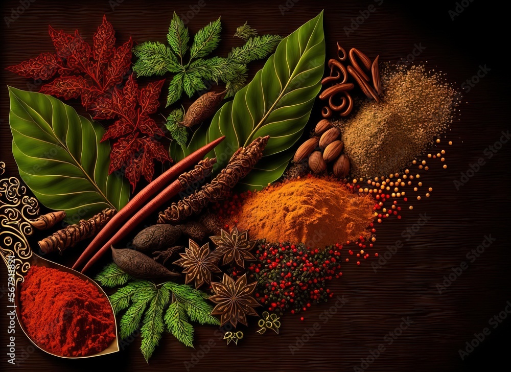Poster indian plants and spices are the setting. texture of seasonings for a webpage header. generative ai