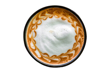 Top view of hot coffee blended with milk in cup isolated on white background