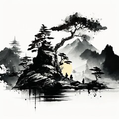 Obraz na płótnie Canvas Japanese Landscape Ink Painting