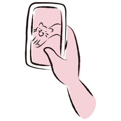 ペットの猫の様子（画像）が表示されたスマートフォンを持つ手