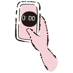 タイマーやアラームの画面が表示されたスマートフォンを持つ手