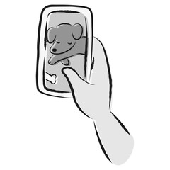 愛犬の様子（画像）が表示されたスマートフォンを持つ手
