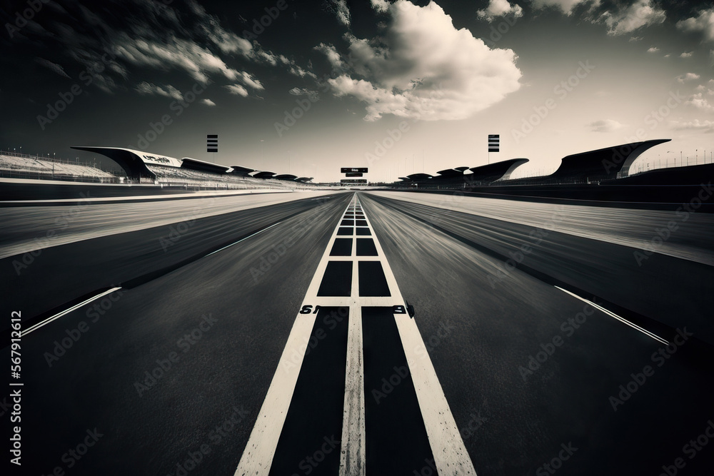 Poster with motion blur applied, wide angle image of an empty asphalt international race course with the st