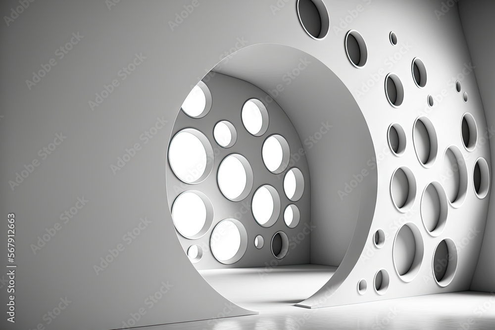Poster background interior architecture curving wall with rounded apertures. generative ai