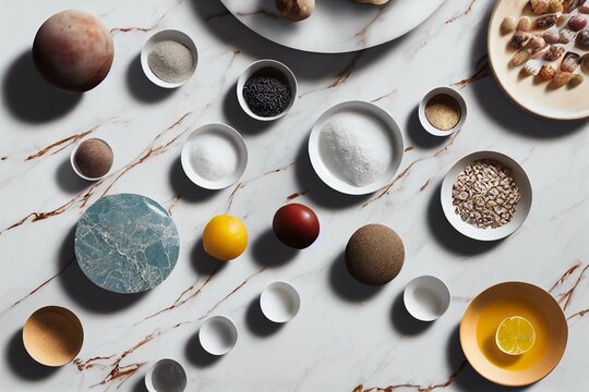Marble stone stand on kitchen table with various food ingredients. Generative AI