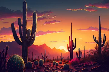 Foto op Plexiglas Cactus Sunset Desert Background, Stunning Landscape, Sunset, Sunrise, Pink and Orange Skies, Mountains, Screensaver, Desktop, Colorful Graphic Art Print © Isabella