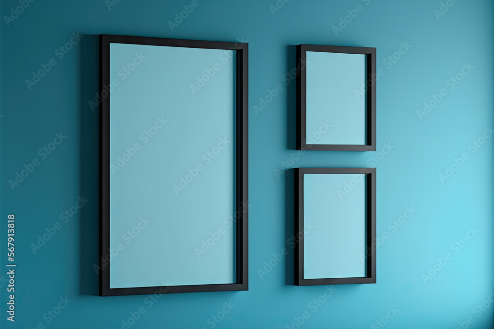 Poster mockup of three empty, vertical black frames with space for prints and images on a blue wall. genera