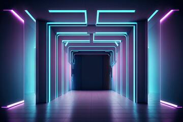 Space Shape with Purple and Blue Glowing Neon Tubes in a Futuristic Sci Fi Modern Empty Stage Reflective Concrete Room Wallpaper Background Illustration. Generative AI
