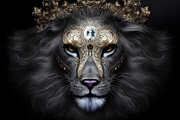 Golden lion , the golden crown king face animal, generative ai