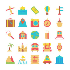 Tour and travel icons set. Holiday tourism, vacation, trip vector symbol collection