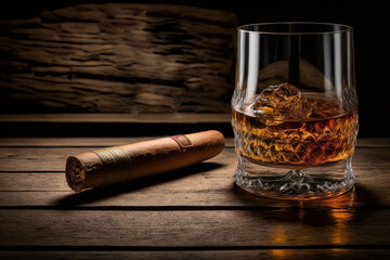 Cigar and whiskey . Luxury atmosphere glass of booze on a wooden table with dark background. Generated by AI.
