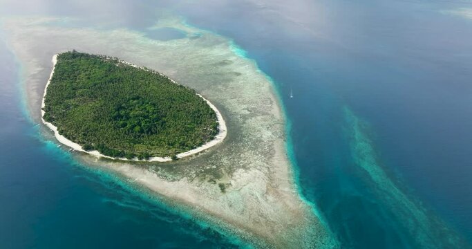 Aerial view of tropical island with a beach in the ocean. Beautiful sandy beach with palm trees. Balabac, Palawan. Philippines.