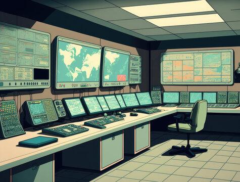 An image of the system control monitoring room. Government Emergency Operations Center is deserted. Generative AI