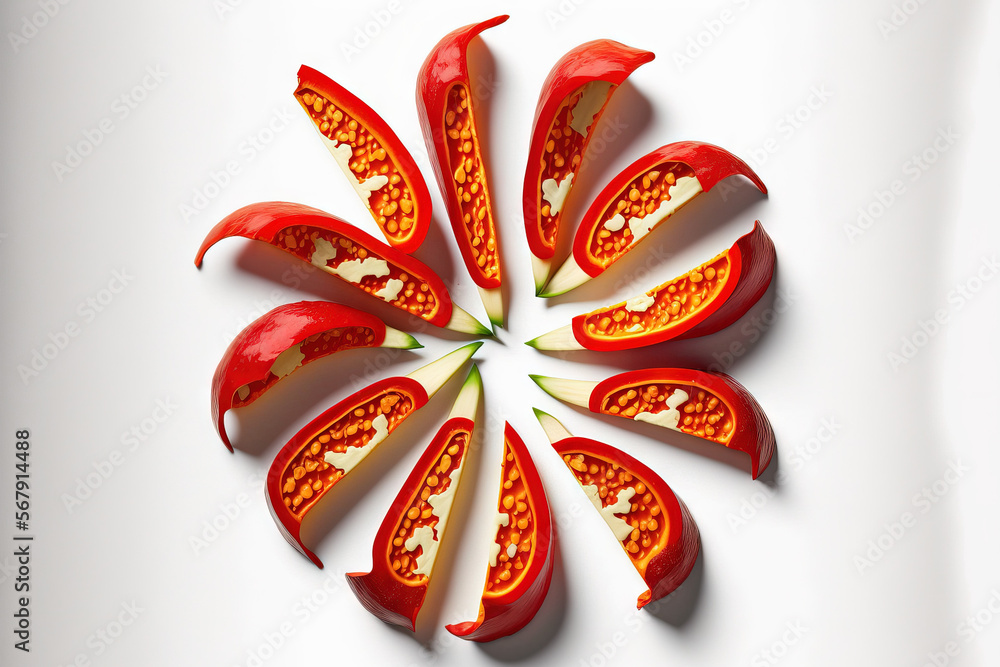 Poster slices of red pepper isolated on a white backdrop. generative ai