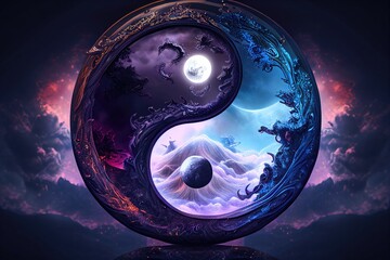 A yin yang symbol filled with clouds of purple and blue lighting of mountains and clouds, Generative AI
