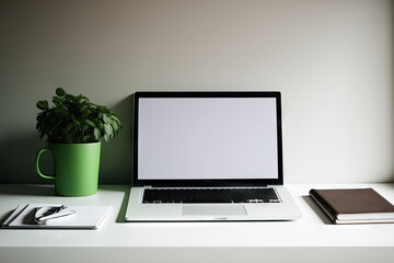 Fototapeta premium At the desk in the room is a modern laptop with a blank screen. Generative AI