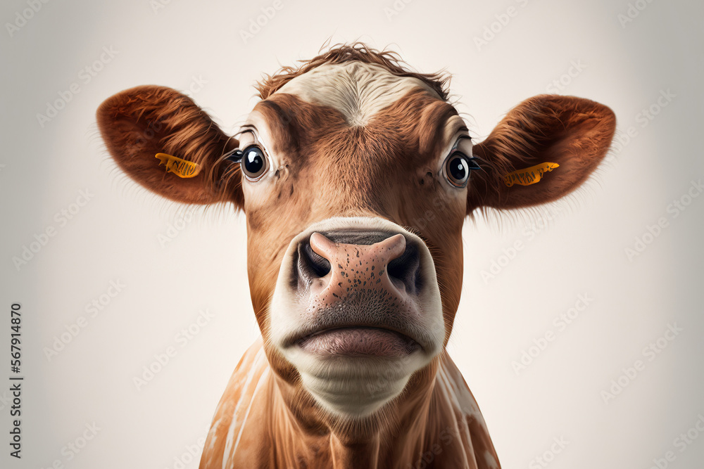 Poster curious brown cow with a white backdrop and a nose focused shot. Generative AI