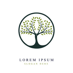 Obraz premium Tree logo design in vivid circle, tree vector. Tree of life logo design inspiration