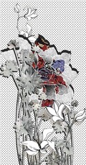 Flower design for the scarf, wall art decor, black white, and red illustration