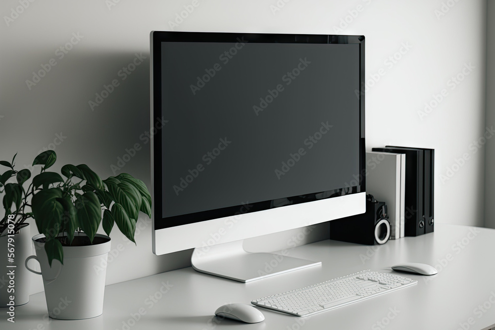 Poster on a white table with a blank computer screen are some items. generative ai