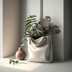 Stylish Minimalist Bag Display in Studio Light Architecture with Plants
