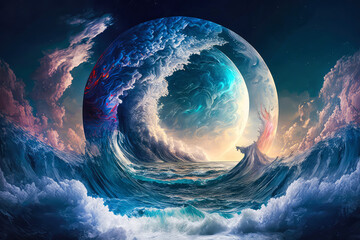 Moon as a portal rift to another dimension in time and space with turbulent ocean waves and surreal clouds. Sci-fi seascape. Generative AI