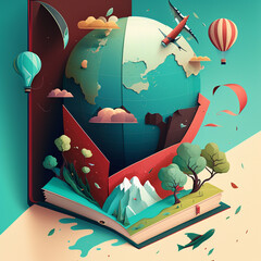 Flat design cartoon World Book Day illustration. Open book with stories coming out of the pages. AI generated