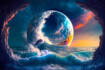 Moon as a portal rift to another dimension in time and space with turbulent ocean waves and surreal clouds. Sci-fi seascape. Generative AI