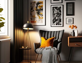 Interior design of a modern room with a chair, pillows, table, frames, and a lamp. Generative AI